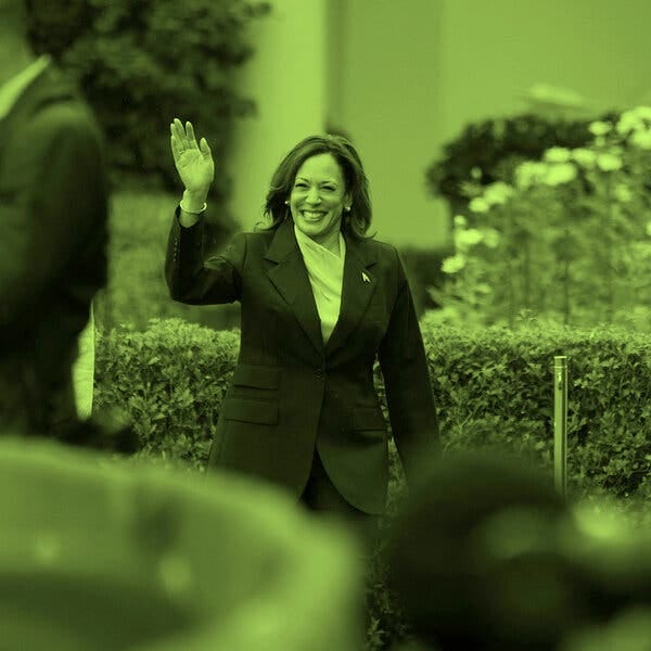 An image of Kamala Harris smiling and waving, with a green filter placed over it.