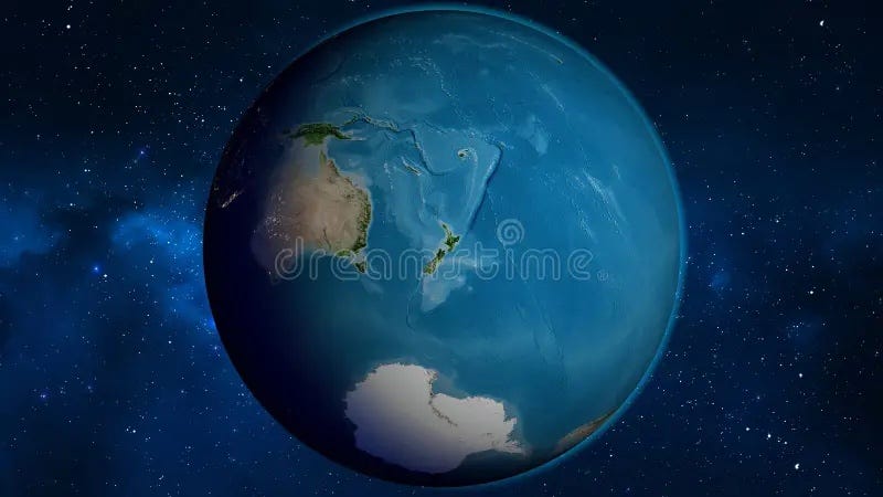 The Earth from space centred on New Zealand: nothing but ocean in every direction, with Australia to the west and Antarctica to the south The Earth from space centred on New Zealand: nothing but ocean in every direction, with Australia to the west and Antarctica to the south