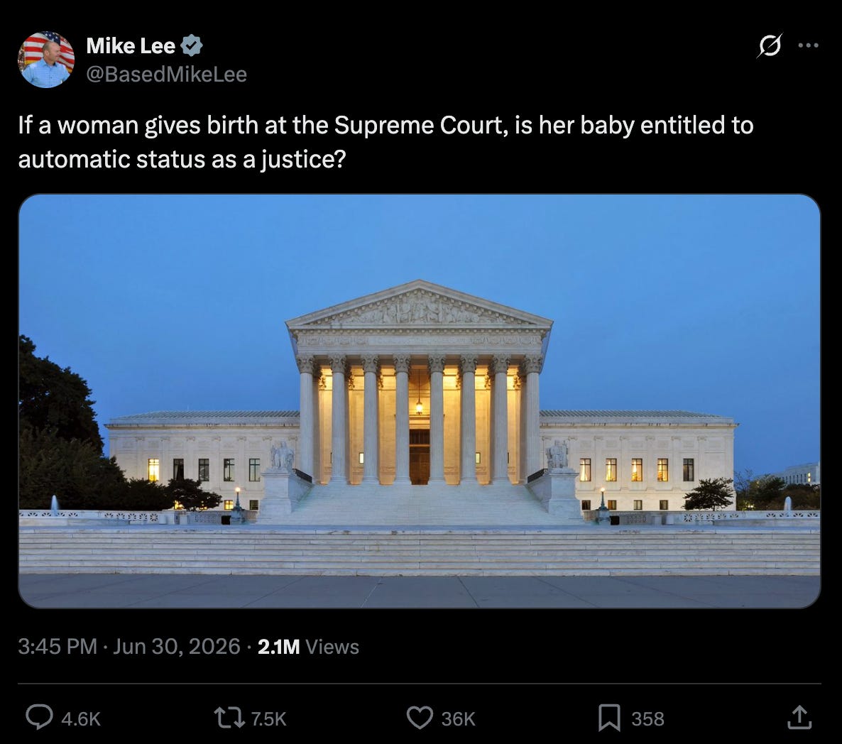 Lee: If a woman gives birth at the Supreme Court, is her baby entitled to automatic status as a justice? Lee: If a woman gives birth at the Supreme Court, is her baby entitled to automatic status as a justice?