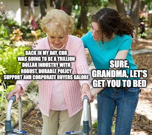 "Sure, grandma" meme. An elderly woman with a walker says, "Industrial carbon removal used to cost thousands of dollars a tonne." The younger woman steering her away replies, "Sure, grandma, let's get you to bed."