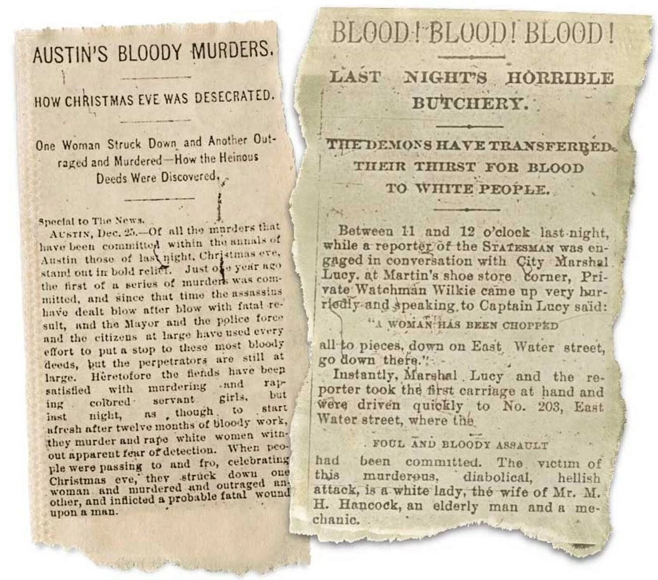 News clippings regarding the Servant Girl Annihilator. Image Credit: Texas Monthly via Austin Public Library. News clippings regarding the Servant Girl Annihilator. Image Credit: Texas Monthly via Austin Public Library.