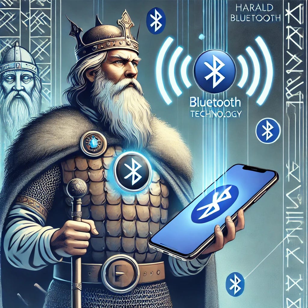 A modern and historical blend illustration for an article about Harald Bluetooth and Bluetooth technology. The image features a Viking king, Harald Bluetooth, with traditional Viking attire, a crown, and a Bluetooth symbol glowing faintly on his chest. He is standing next to a modern smartphone emitting Bluetooth waves. In the background, runic symbols and a digital network-like pattern merge, symbolizing the fusion of history and technology. The color palette includes cool blues and metallic accents to reflect the Bluetooth theme.