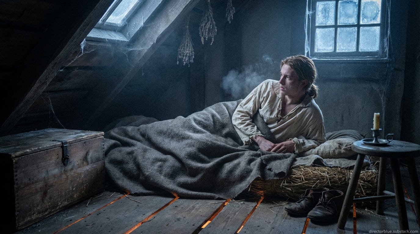 IMAGE PROMPTPhotorealistic 169 cinematic photograph pre-dawn darkness interior loft space above colonial print shop December 1773 A young man aged 19 lean wiry build 57 sandy brown shoulder-length hair tied back with leather thong blue-gray _image_1