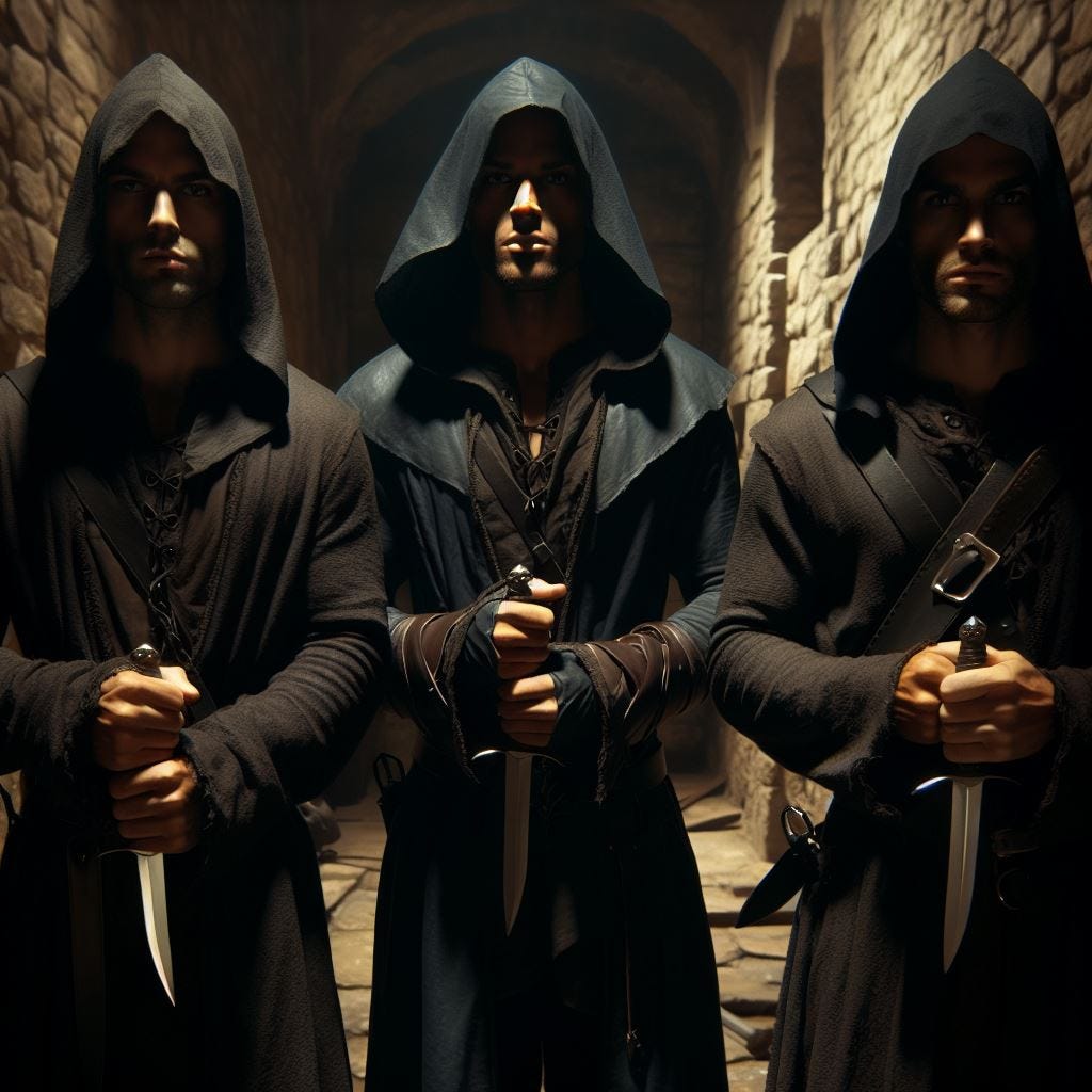 Thumbnail Image three identical rogues in a dungeon Thumbnail Image three identical rogues in a dungeon