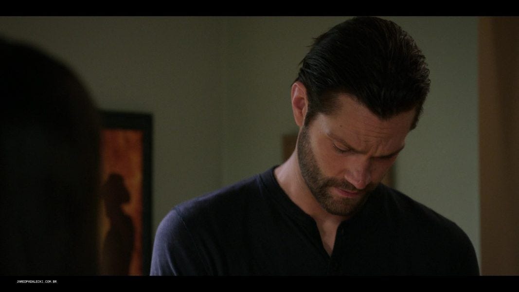 Jared Padalecki looking down at pants to make sure no bulges for Jensen Ackles on Walker set. Jared Padalecki looking down at pants to make sure no bulges for Jensen Ackles on Walker set.