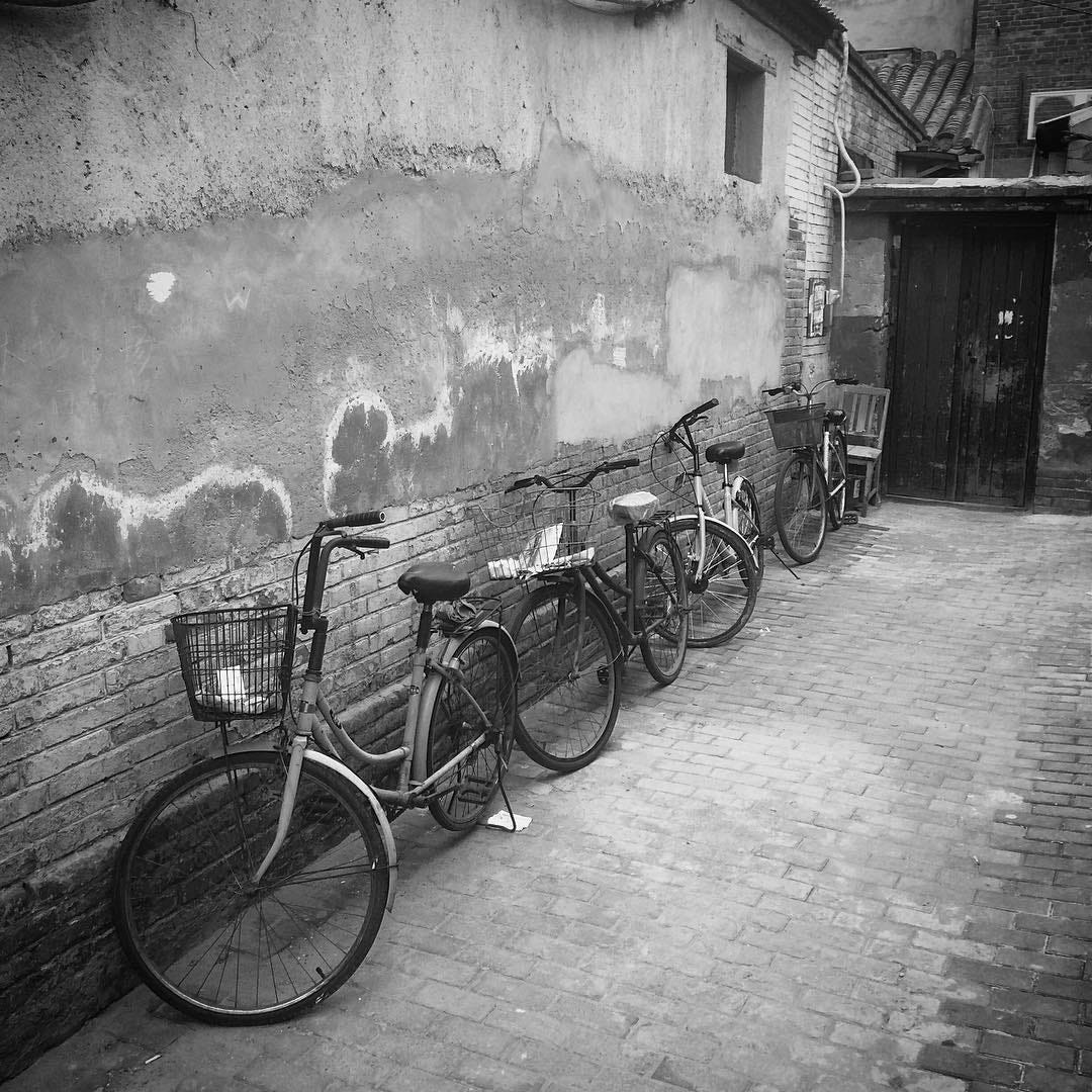 Bicycles parked in a historic hutong in central Beijing.