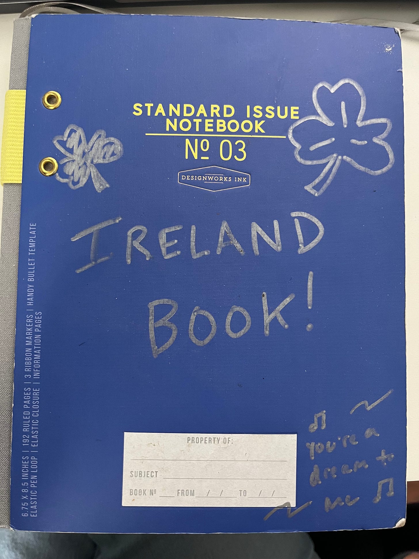 photo of blue notebook that says IRELAND BOOK! on the cover in silver Sharpie