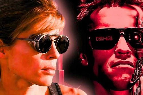 Sarah Connor (Linda Hamilton) and the Terminator (Arnold Schwarzenegger) from T2 - Judgement Day
