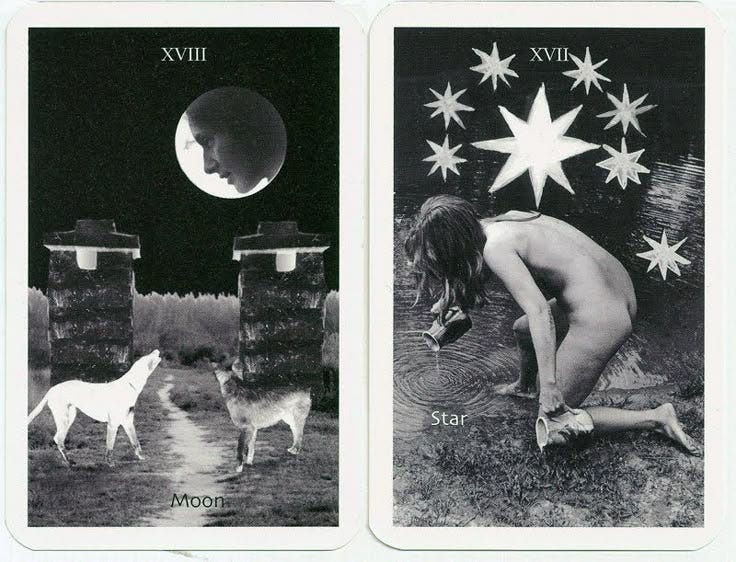 This may contain: two tarot cards with pictures of women and animals in them, one showing the moon