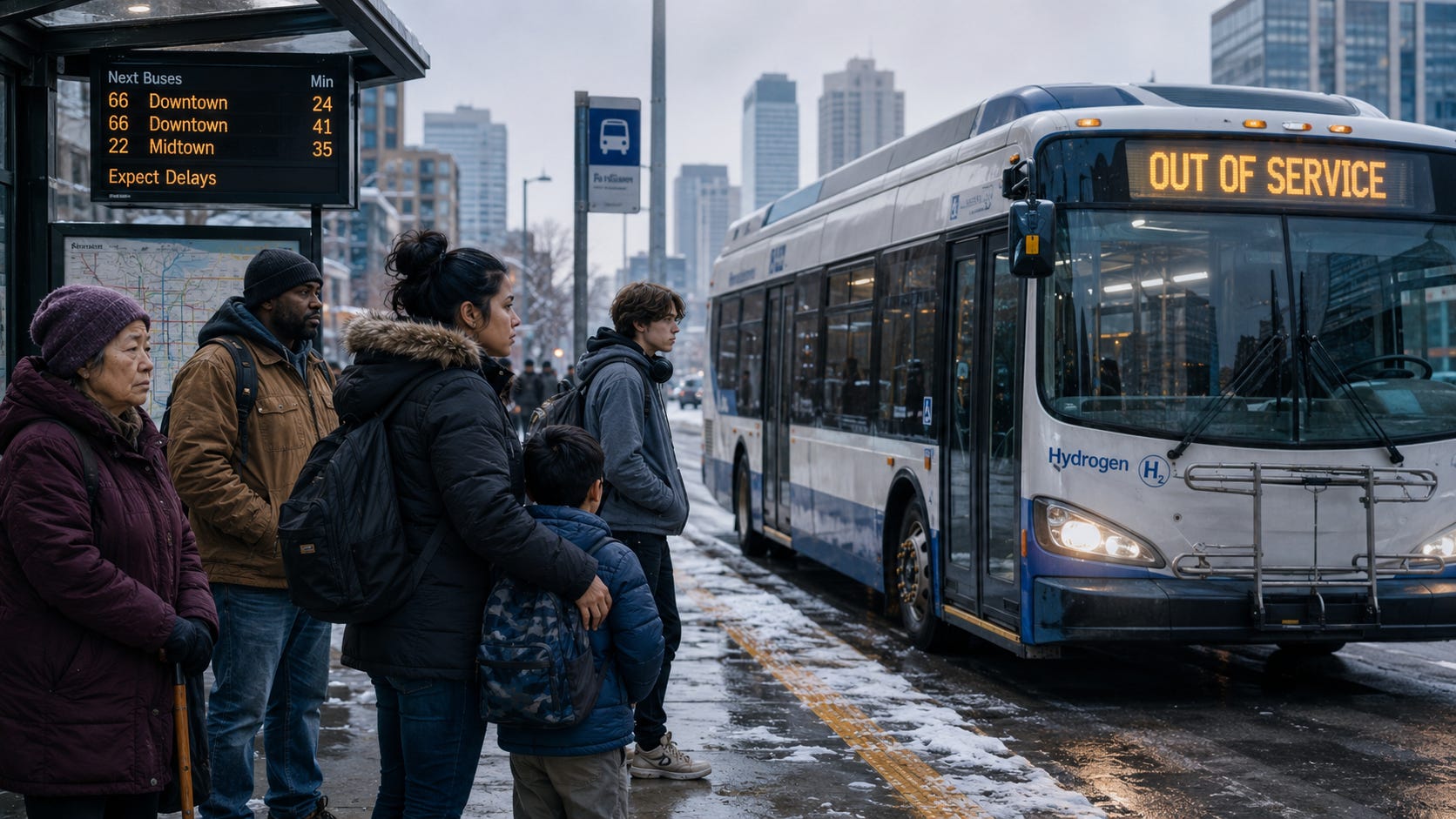 Snowy bus stop beside an out-of-service H2 bus, illustrating service risk from hydrogen fleets.
