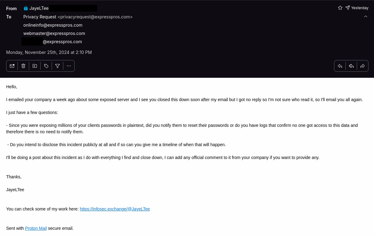 Follow up email asking the company if they asked their clients to reset their passwords and if they intend to disclose this incident publicly. Follow up email asking the company if they asked their clients to reset their passwords and if they intend to disclose this incident publicly.