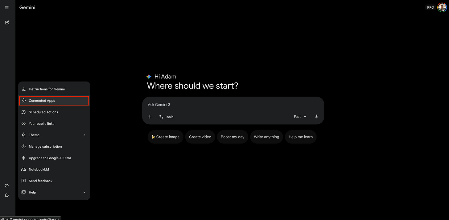 Screenshot of the Gemini settings sidebar with the "Connected Apps" option highlighted in a red box.