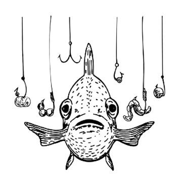 fish surrounded by baited hooks in the water