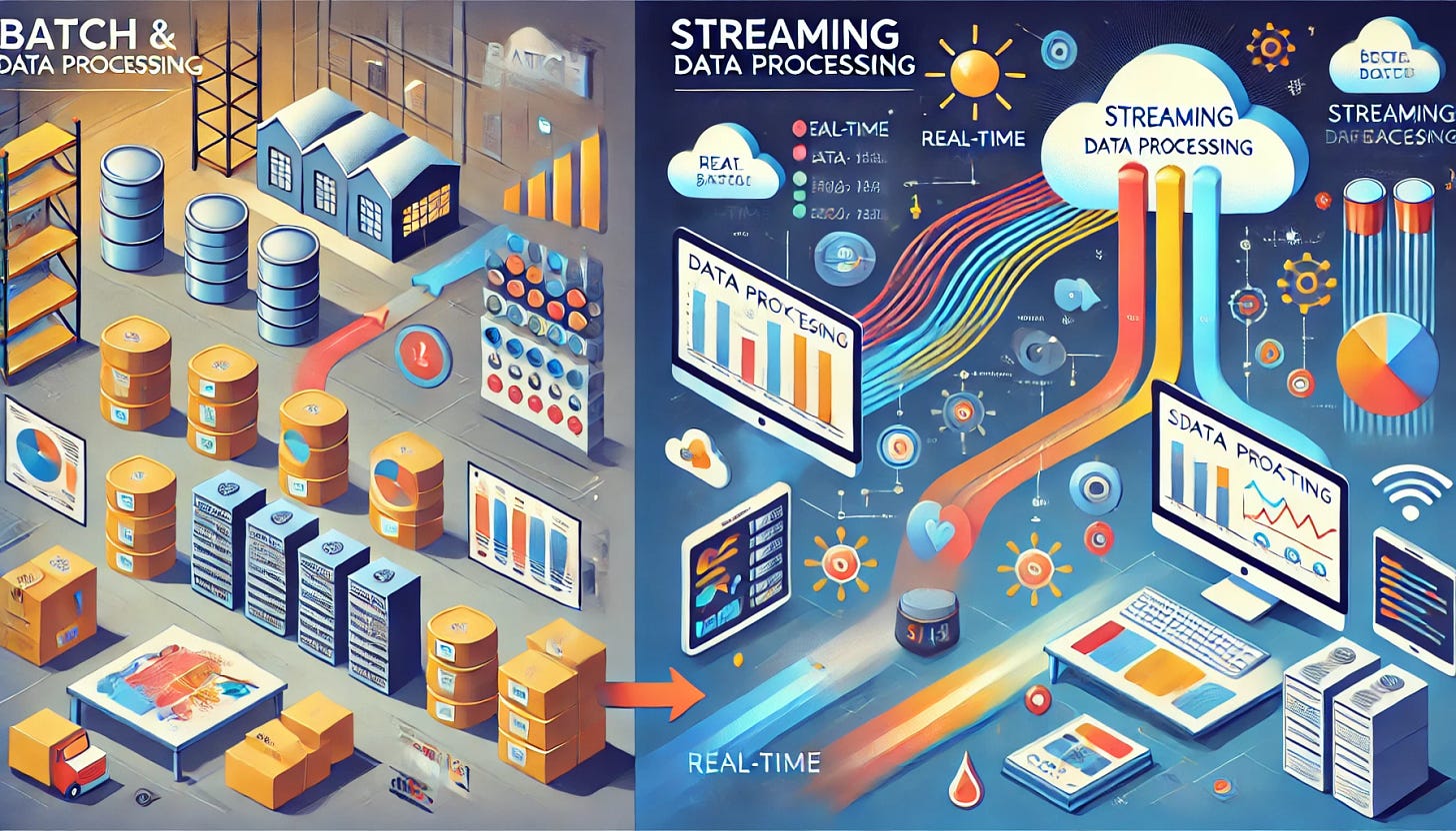 An illustration depicting the concepts of batch and streaming data processing. On the left side, show a series of data batches being processed in a warehouse-like setting, with stacks of data files and a large computer screen displaying graphs and statistics. On the right side, illustrate a real-time streaming data flow, with colorful data streams flowing from various sources like sensors and online platforms into a cloud system. Use arrows and diagrams to indicate the flow of data from batch processing to streaming. The overall style should be modern and tech-oriented, with a clean and informative layout. An illustration depicting the concepts of batch and streaming data processing. On the left side, show a series of data batches being processed in a warehouse-like setting, with stacks of data files and a large computer screen displaying graphs and statistics. On the right side, illustrate a real-time streaming data flow, with colorful data streams flowing from various sources like sensors and online platforms into a cloud system. Use arrows and diagrams to indicate the flow of data from batch processing to streaming. The overall style should be modern and tech-oriented, with a clean and informative layout.