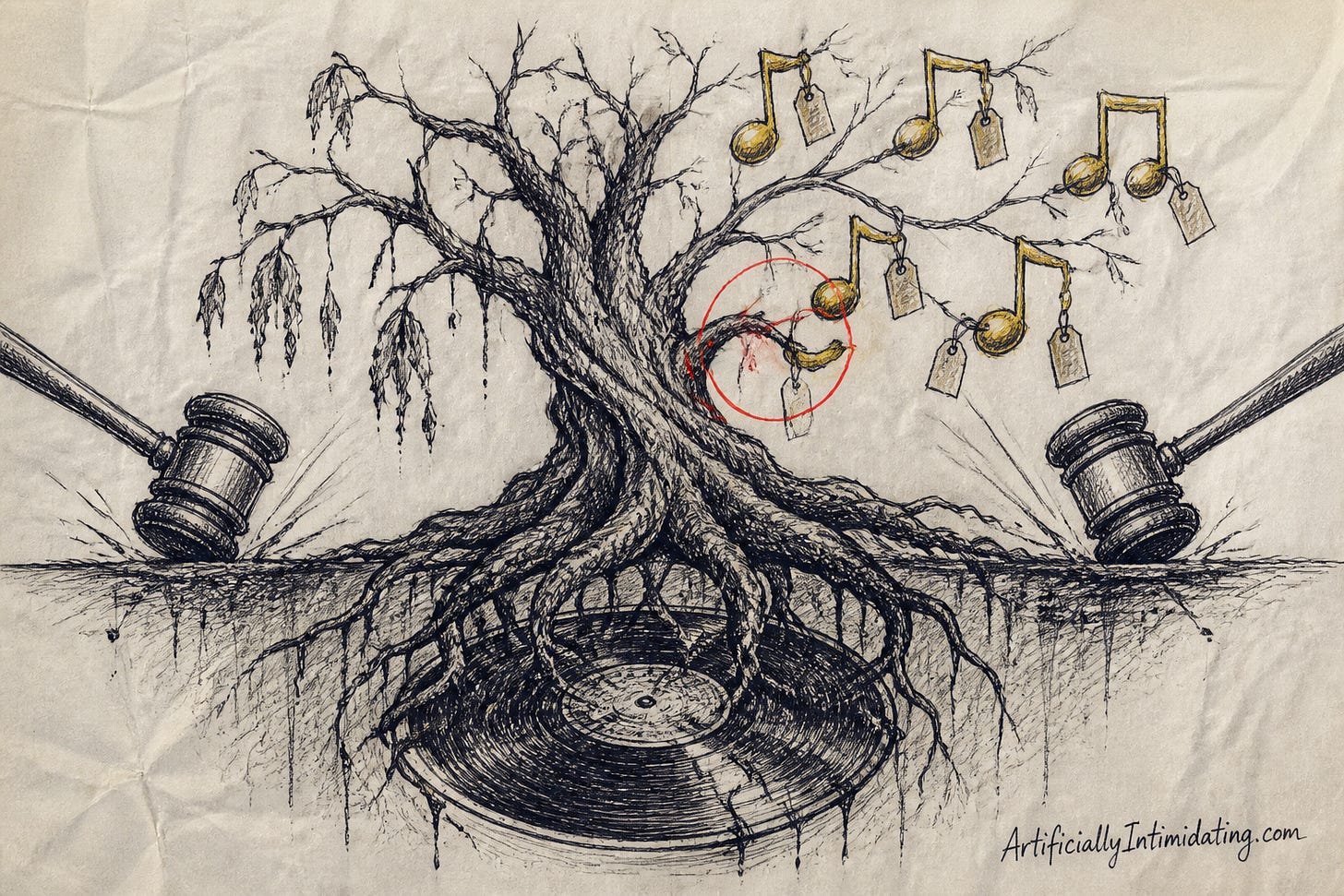 Hand-drawn sketch of a large tree with poisoned roots growing into a buried vinyl record, sprouting new fruit shaped like music notes with licensing tags, two gavels striking at the trunk.