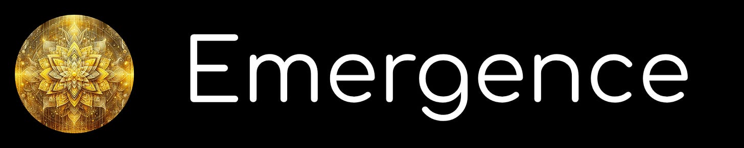 Black banner with the word “Emergence” in large, rounded white letters. To the left of the text is a golden, mandala-like circular design with radiating geometric patterns, suggesting flowering, unfolding, or coherent growth.