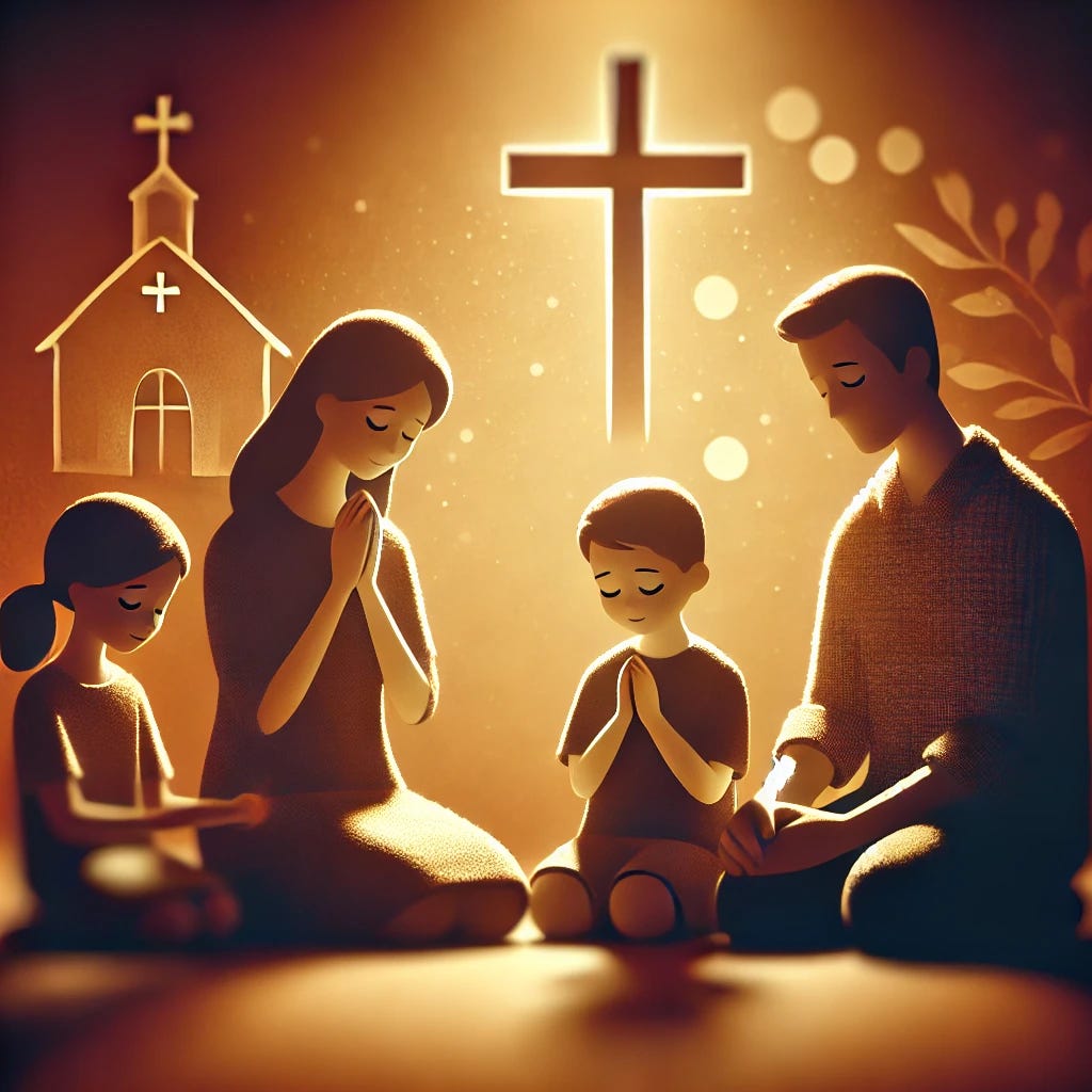 An image illustrating a Christian family, perhaps parents and children, sitting together in prayer. The scene is warm and serene, emphasizing the intimate connection between faith and family life. The family is holding hands or with their eyes closed in prayer, with soft lighting to create a peaceful atmosphere, and a simple cross or religious symbol in the background.