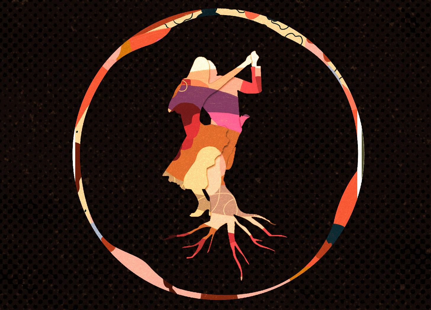 Paper cutout art of two dancers in a circle