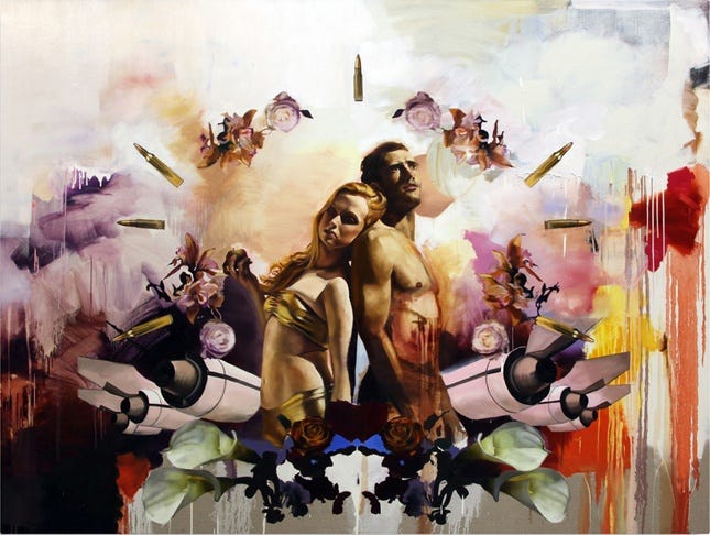 This may contain: a painting of two people standing next to each other in front of an abstract background
