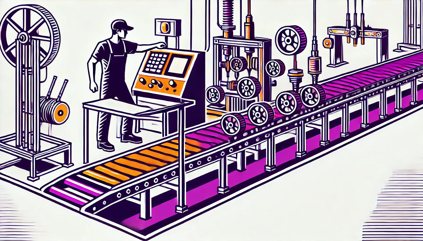 A pop art style illustration depicting a factory assembly line with a worker operating machinery. The color palette is restricted to bright purple, bright orange, black, and white, with a white background. The design features a simple assembly line with mechanical parts and a focused worker interacting with the equipment. The scene is clean and minimal, emphasizing industrial productivity and human interaction with automation.