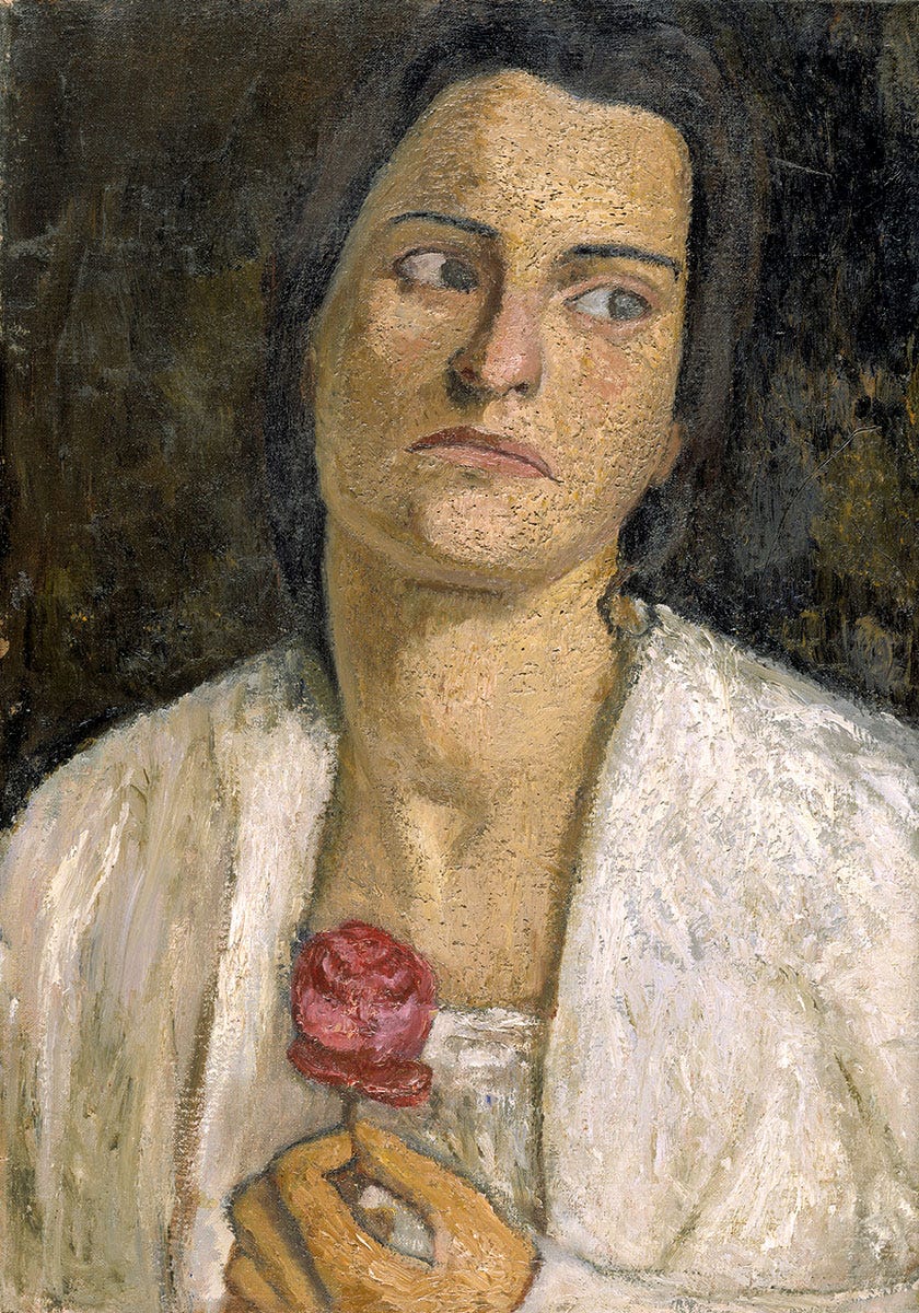 Brown-haired woman holding a flower and looking askance, painted