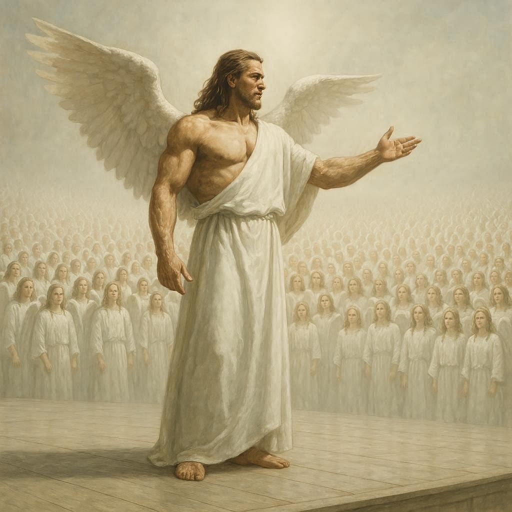 a very strong angel who is wearing white robes and has long brown hair and he is standing on a massive empty stage speaking to a huge crow of angels. realistic. heavenly.
