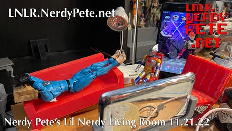 Various action figures from my collection lounging in a 3d printed living room with hard wood floors (it's actually my wood-grain desktop).