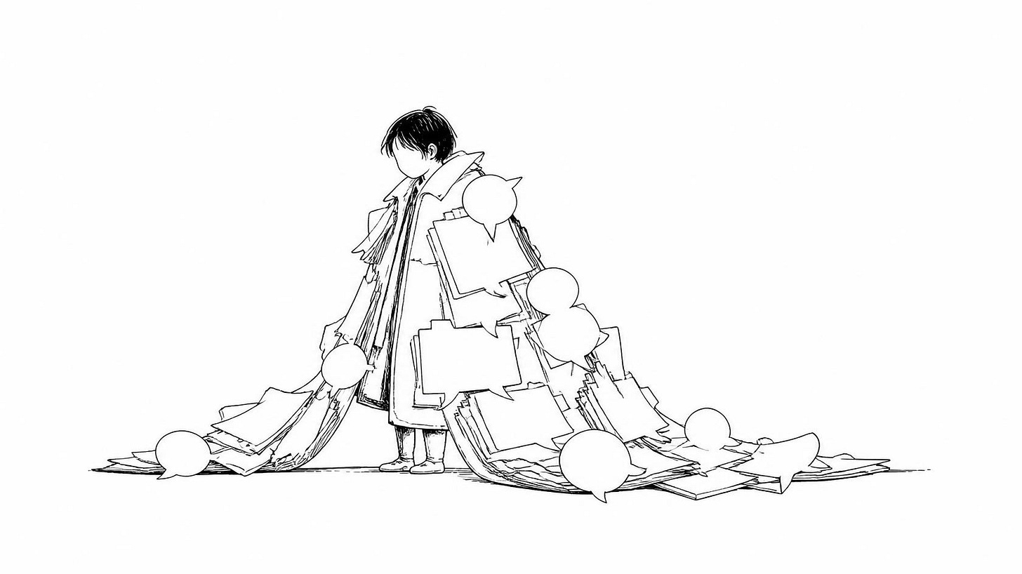 Junior figure in an oversized coat made of borrowed case files