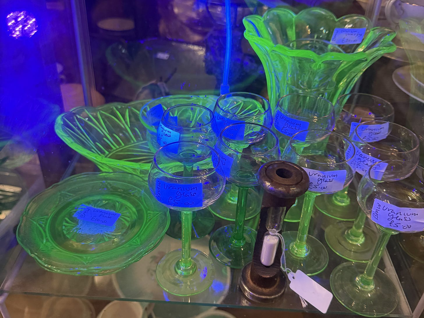 Uranium Glass for sell at a flea market in Sussex, UK.