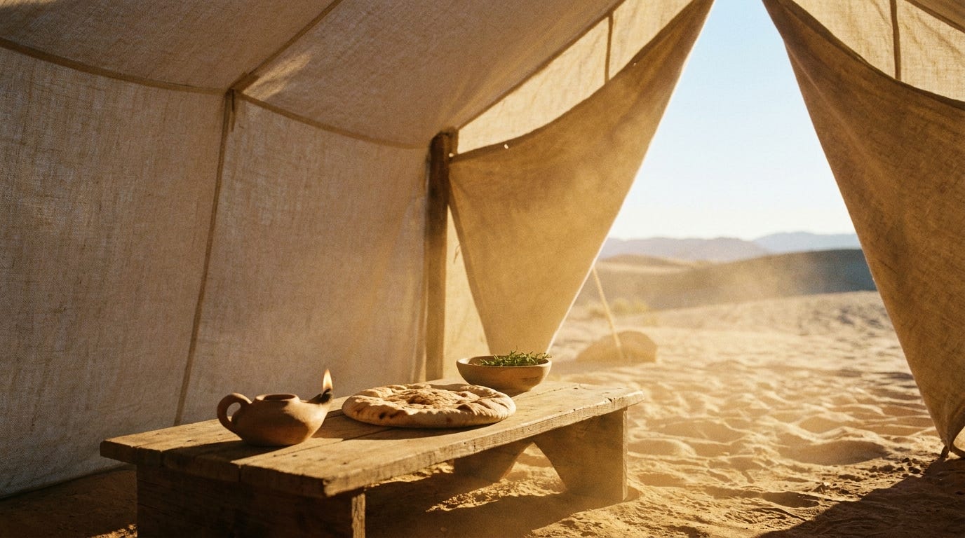 A clay oil lamp on a low wooden table beside a round unleavened loaf and a bowl of green herbs, inside a sunlit linen tent open to desert sand and hills, no people, no faces, no text A clay oil lamp on a low wooden table beside a round unleavened loaf and a bowl of green herbs, inside a sunlit linen tent open to desert sand and hills, no people, no faces, no text