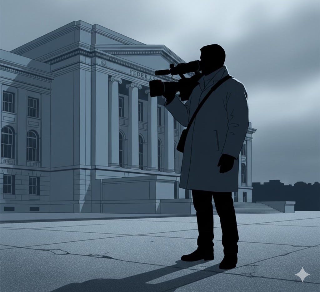 A silhouette of a journalist holding a professional video camera on a city sidewalk, standing before the columns of a large federal courthouse under an overcast sky. A silhouette of a journalist holding a professional video camera on a city sidewalk, standing before the columns of a large federal courthouse under an overcast sky.