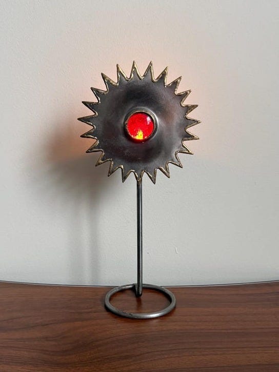 Vintage Brutalist Sunburst Tealight Candle Holder, Handmade Metal Sculpture with Red Glass Gem image 1