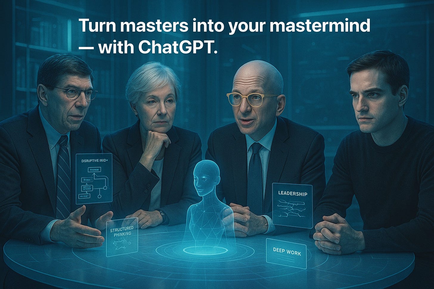 可能是 4 個人和顯示的文字是「 Turn masters into your mastermind with ChatGPT. OISRUPTI DIGRUPTIVE IVE INID SATSA O LEADERSHIP STRUCTURED PHINKING e DEEP WORK 」的圖像