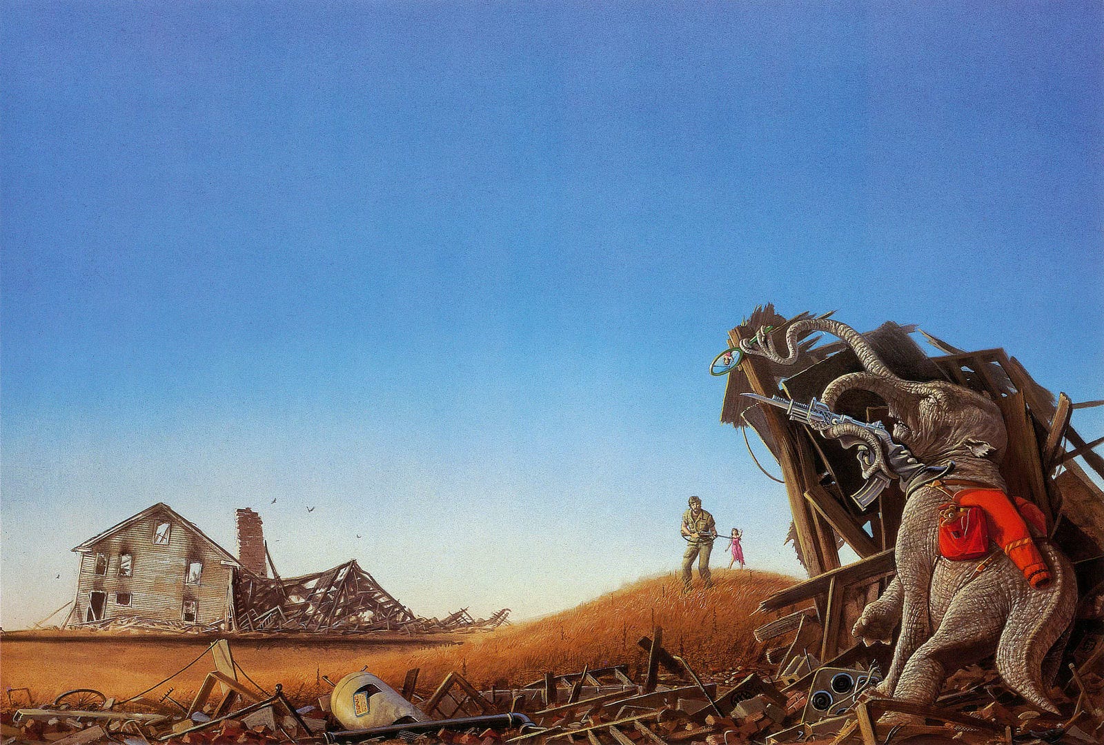 An elephant-like alien with multiple branching trunks hides behind the wood framed wreckage of a building. The tentacles of one trunk holds a mirror to peer around the corner. Another trunk holds a machine gun with curved magazine and bayonet. A man in drab military fatigues approaches with rifle in hand. The mirror isn't fixed on him but rather a woman in a tattered pink dress standing on the hill behind. She is pointing toward where the alien huddles. A red jacket is strapped to the alien's back along with a satchel that contained a teddy bear. Across a field of wheat and a foreground strewn with household wreckage that includes a water heater, bicycle, and wooden ladder, we can see the remains of a house that is only partially standing. An elephant-like alien with multiple branching trunks hides behind the wood framed wreckage of a building. The tentacles of one trunk holds a mirror to peer around the corner. Another trunk holds a machine gun with curved magazine and bayonet. A man in drab military fatigues approaches with rifle in hand. The mirror isn't fixed on him but rather a woman in a tattered pink dress standing on the hill behind. She is pointing toward where the alien huddles. A red jacket is strapped to the alien's back along with a satchel that contained a teddy bear. Across a field of wheat and a foreground strewn with household wreckage that includes a water heater, bicycle, and wooden ladder, we can see the remains of a house that is only partially standing.