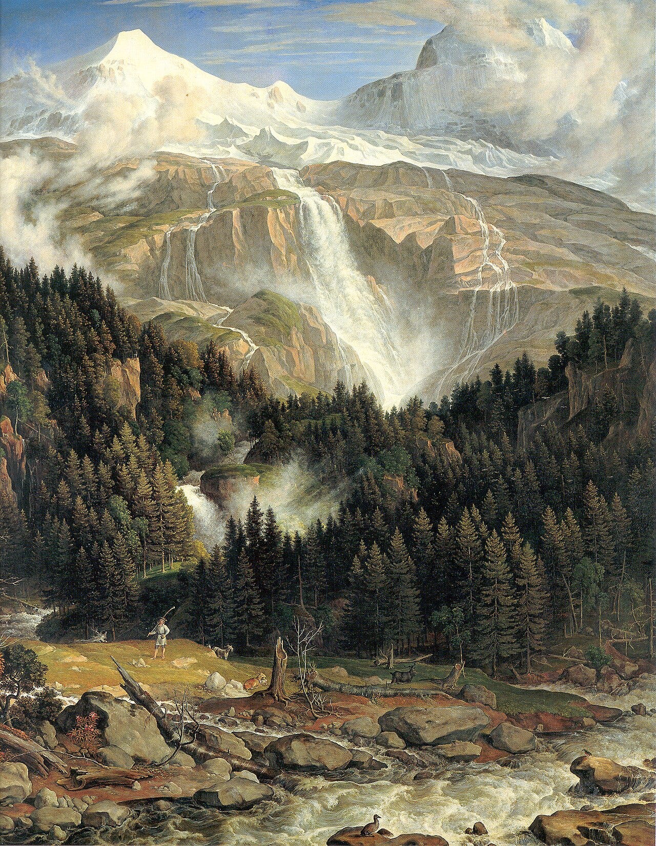 A heroic Alpine valley rising from a waterfall to snowy peaks A heroic Alpine valley rising from a waterfall to snowy peaks
