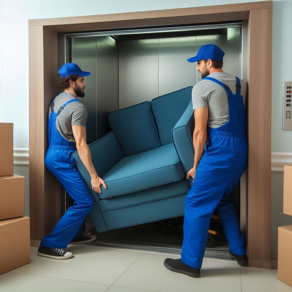 two movers trying to fit a blue couch into an elevator