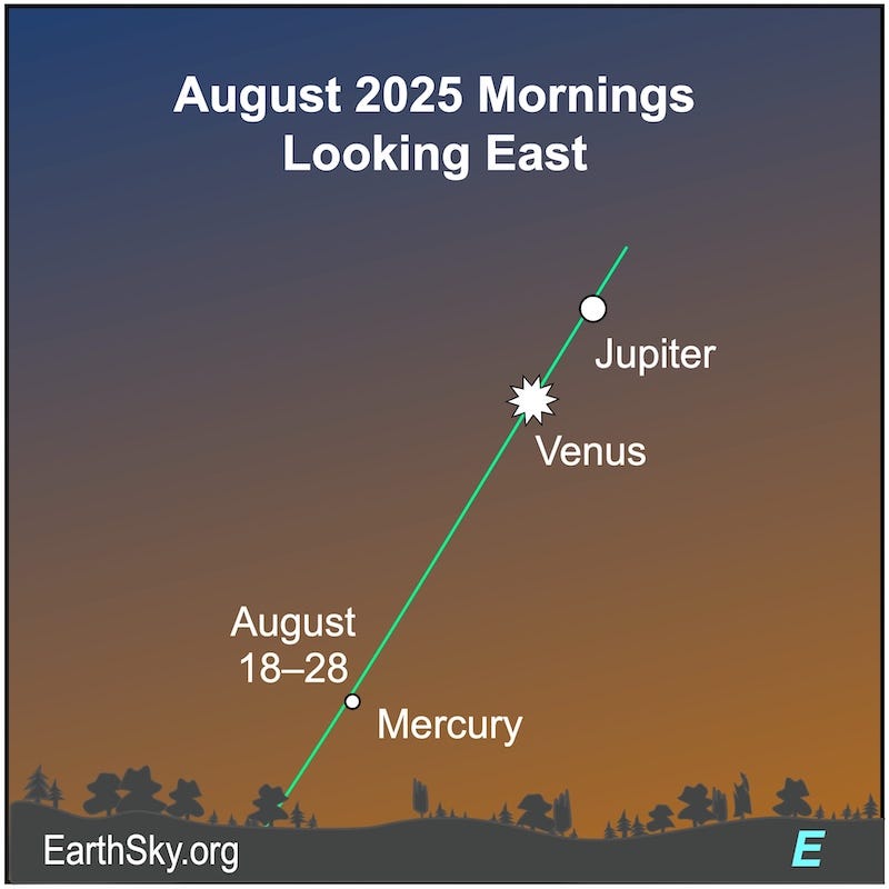 Sky chart: 3 planets along a steep slanted green line, with one of them close to the horizon.