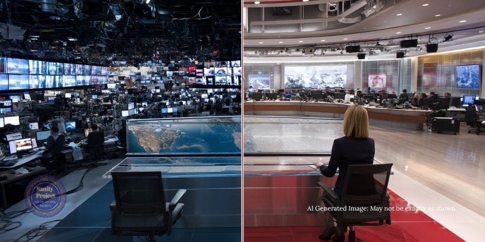 Visual contrast between chaotic U.S. cable news and calm Canadian public broadcasting. Visual contrast between chaotic U.S. cable news and calm Canadian public broadcasting.