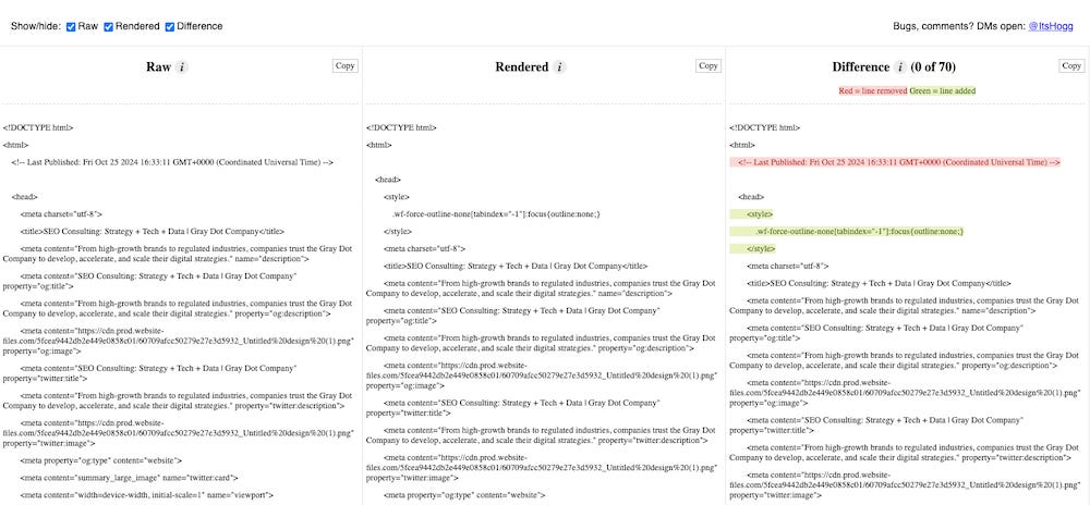 Screenshot of View response HTML and rendered HTML for a page using the View Rendered Source extension. Screenshot of View response HTML and rendered HTML for a page using the View Rendered Source extension.