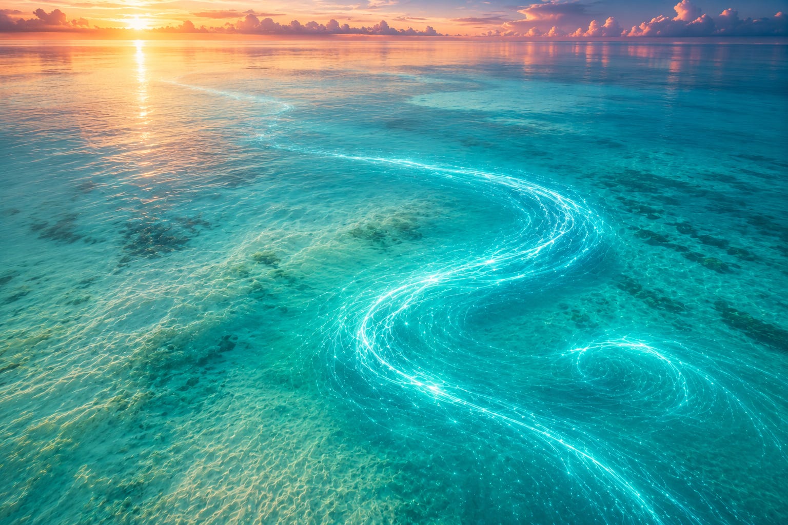 An aerial view of calm, crystal-clear turquoise tropical water at sunrise. A glowing bioluminescent current winds gracefully through the sea, briefly looping back on itself before continuing forward, creating an abstract, luminous pattern against the sandy seabed below. An aerial view of calm, crystal-clear turquoise tropical water at sunrise. A glowing bioluminescent current winds gracefully through the sea, briefly looping back on itself before continuing forward, creating an abstract, luminous pattern against the sandy seabed below.