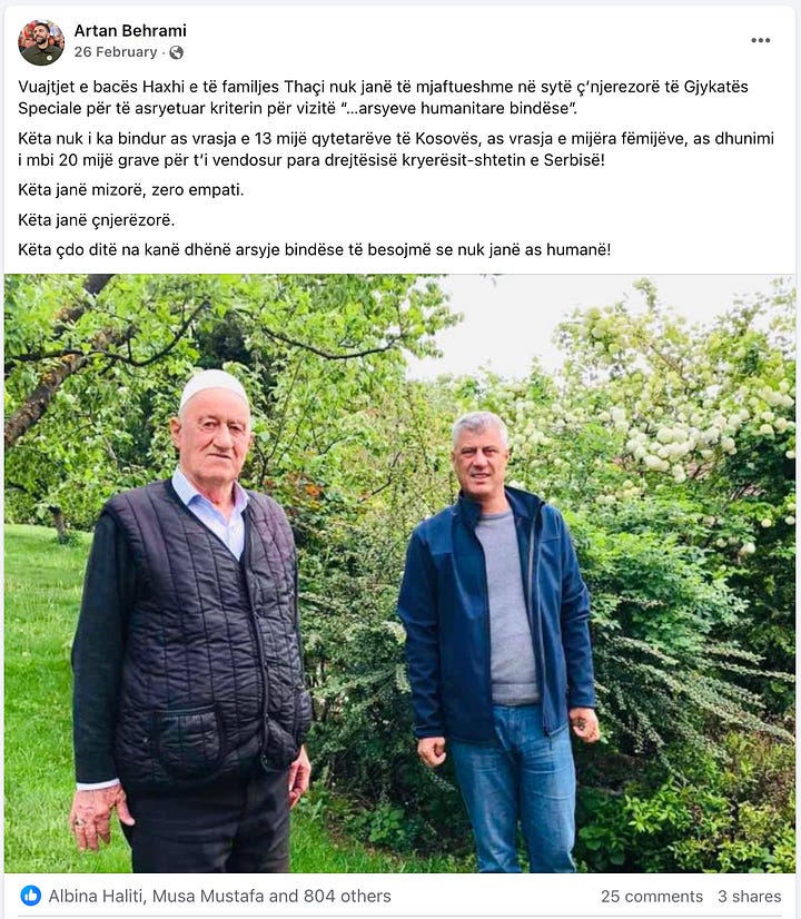 The attached screenshots depict a series of Facebook posts by Artan Behrami, which exemplify his campaign against the Kosovo Special Chambers.