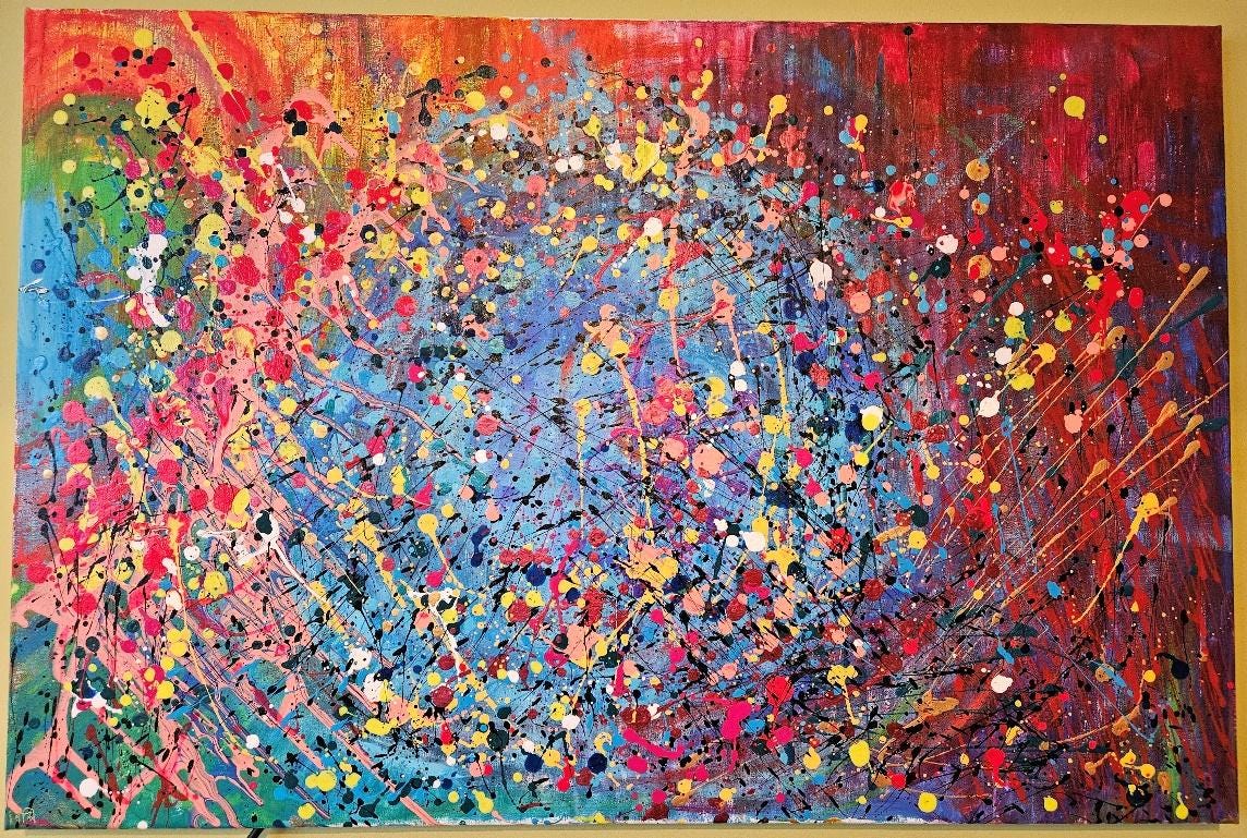 A colorful painting with a gold frame

Description automatically generated