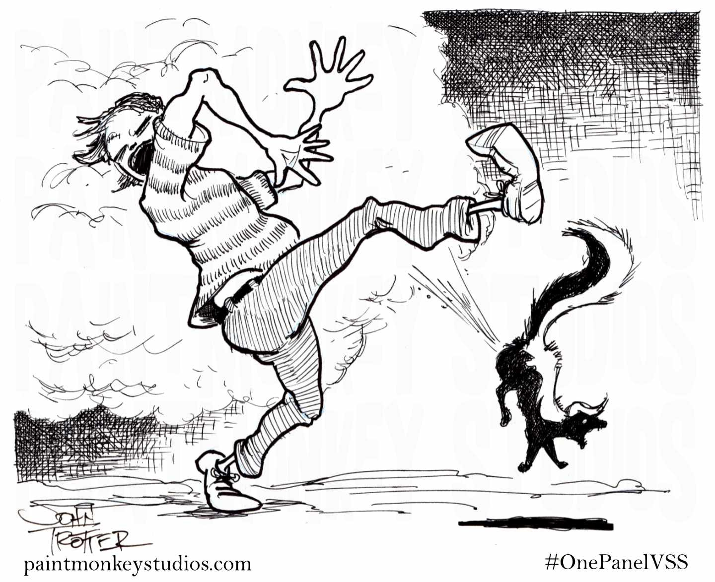 Ink drawing of someone getting sprayed by a skunk they just kicked. Ink drawing of someone getting sprayed by a skunk they just kicked.