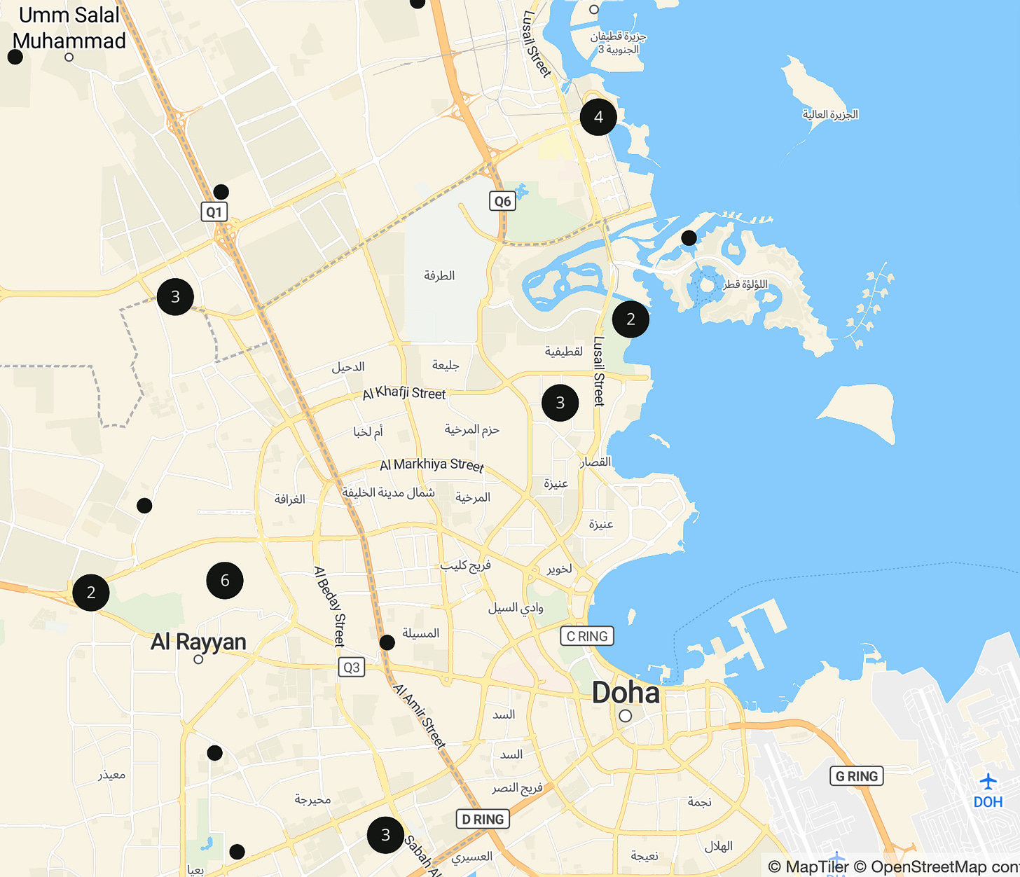 Detail of Doha map with numerous recording pins Detail of Doha map with numerous recording pins