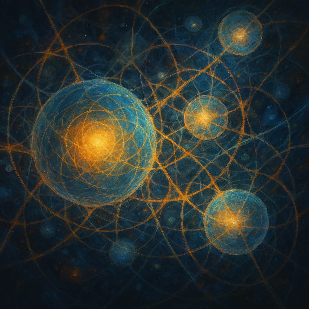 An abstract cosmic illustration showing glowing blue and golden spheres interconnected by intricate golden threads. The overlapping orbits and light patterns evoke a sense of relational structure and interconnectedness across space. An abstract cosmic illustration showing glowing blue and golden spheres interconnected by intricate golden threads. The overlapping orbits and light patterns evoke a sense of relational structure and interconnectedness across space.