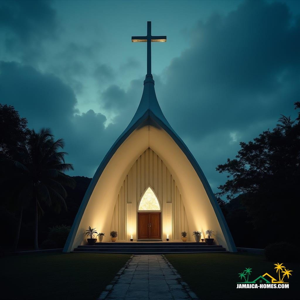 A modern church building in Jamaica, Caribbean, architecturally sculpted into the distinct shape of a Christian cross.