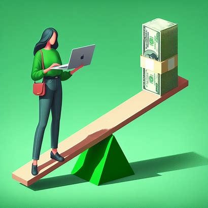 Digital art. A casually dressed woman holding an open Macbook with both hands stands near a green seesaw on a green triangular fulcrum, and she holds the lower end of the seesaw down with her foot. A tall stack of hundred dollar bills is on the top end of the seesaw. There is a green background.  Digital art. A casually dressed woman holding an open Macbook with both hands stands near a green seesaw on a green triangular fulcrum, and she holds the lower end of the seesaw down with her foot. A tall stack of hundred dollar bills is on the top end of the seesaw. There is a green background.
