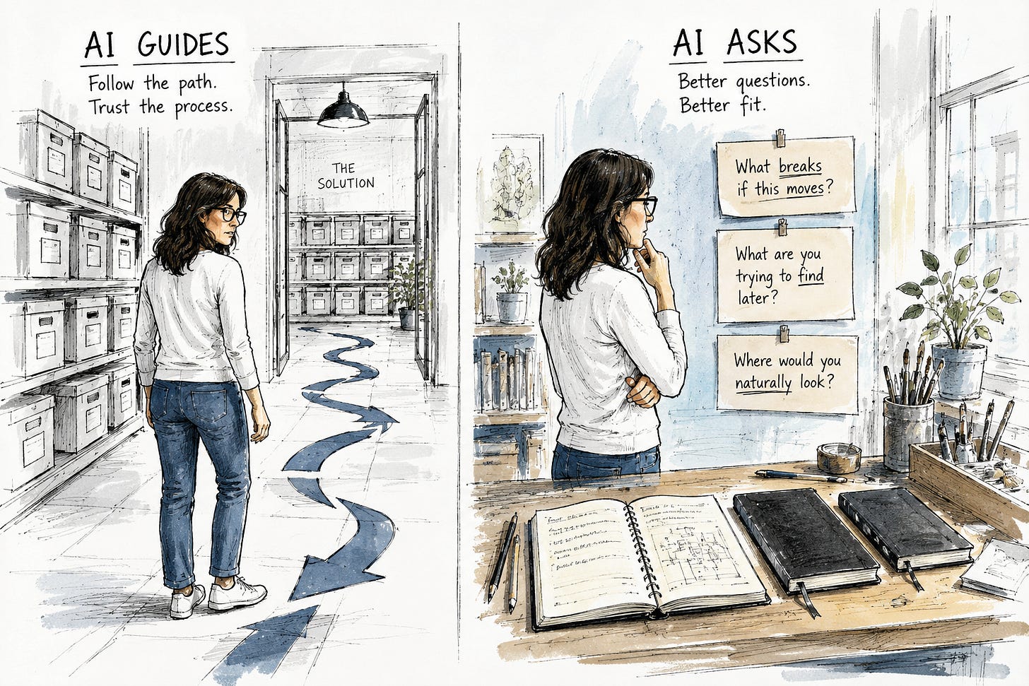 Split editorial illustration comparing two approaches to working with AI. On the left, a woman follows a clearly marked path toward a predefined solution. On the right, the same woman stands at a workbench reflecting on three handwritten questions, showing the shift from following directions to exploring through clarification.