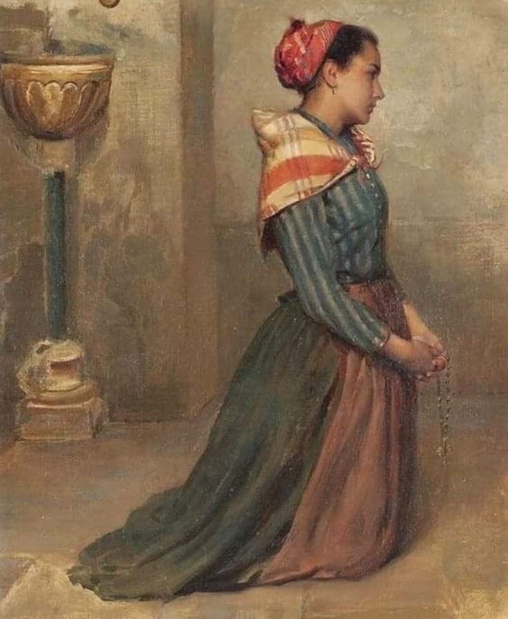 This may contain: a painting of a woman in an old fashioned dress