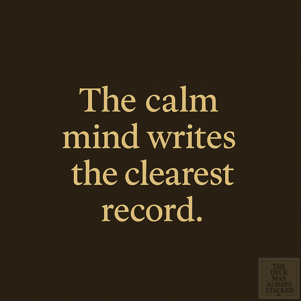 The calm mind writes the clearest record.Brown square image with gold text copy.